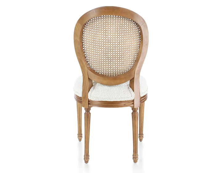 Chaise ancienne style Louis XVI bois teinte ancienne dossier canné assise tissu bouclé blanc