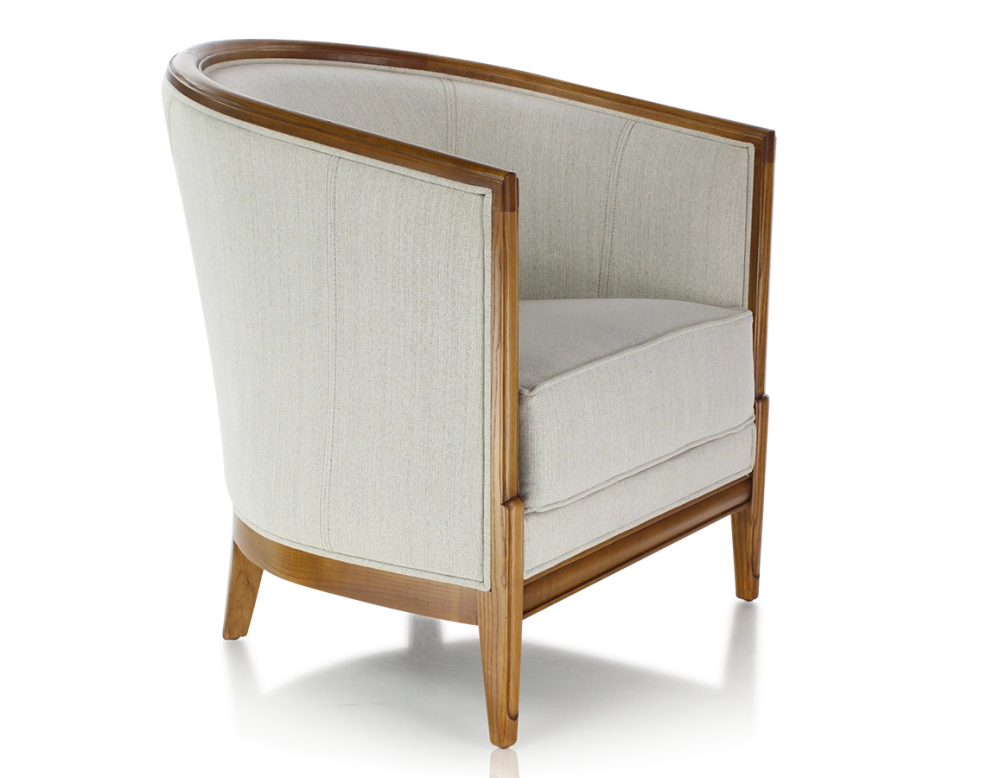 Fauteuil ancien accoudoirs moulurés bois teinte ancienne et tissu beige naturel Fauteuil ancien accoudoirs moulurés bois teinte ancienne et tissu beige naturel