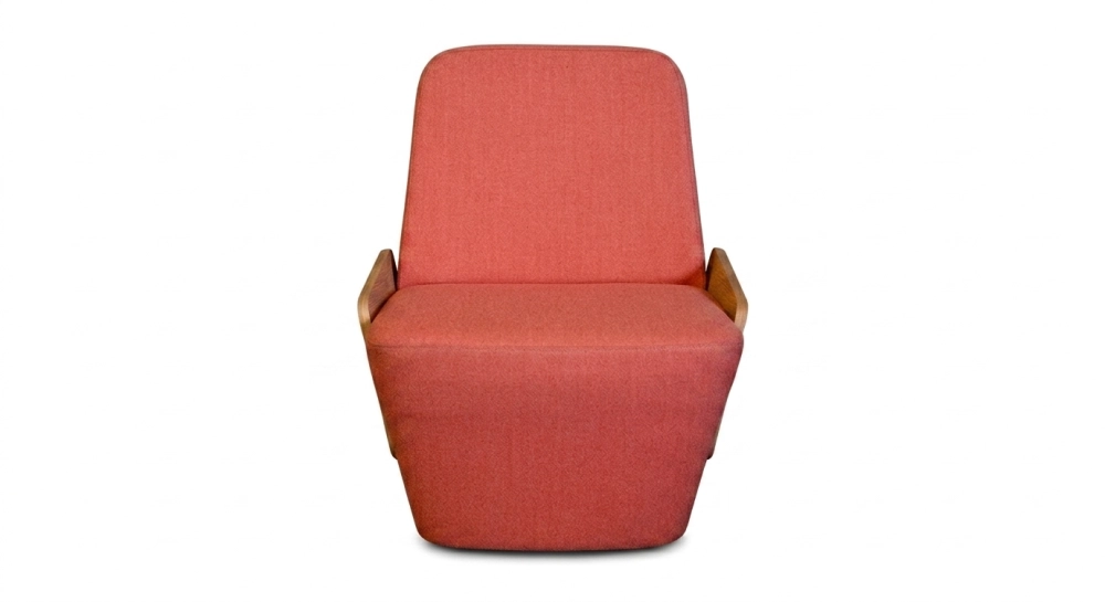 Designer armchair without armrests oak natural finish with pink fabric seat
