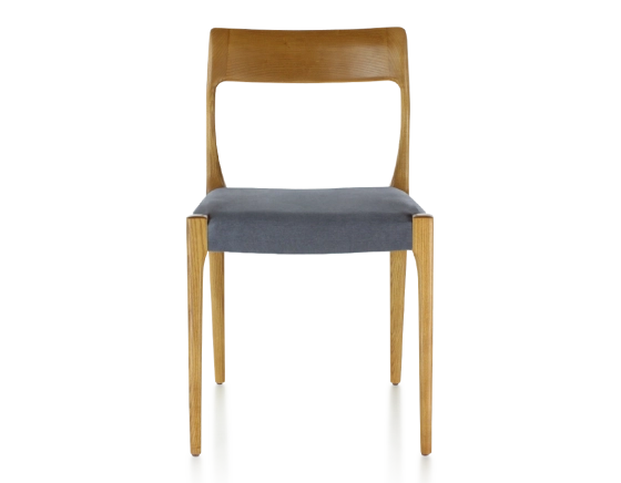 Scandinavian chair cherry-stained wood, grey fabric seat