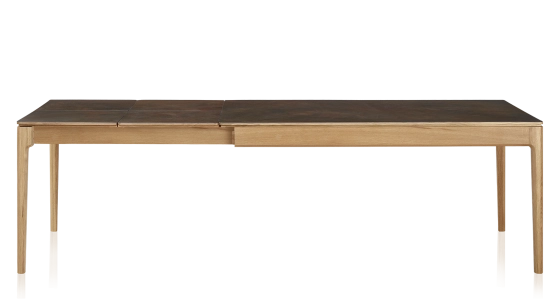 Table extensible en chêne et céramique 6 à 10 personnes allonges céramique avec bois teinte naturelle et plateau et allonges céramique brun oxydé 140x90 cm