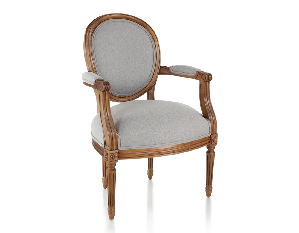 Fauteuil ancien style Louis XVI bois teinte ancienne et tissu gris clair Fauteuil ancien style Louis XVI bois teinte ancienne et tissu gris clair