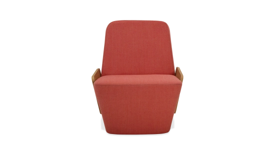 Designer armchair without armrests oak natural finish with pink fabric seat