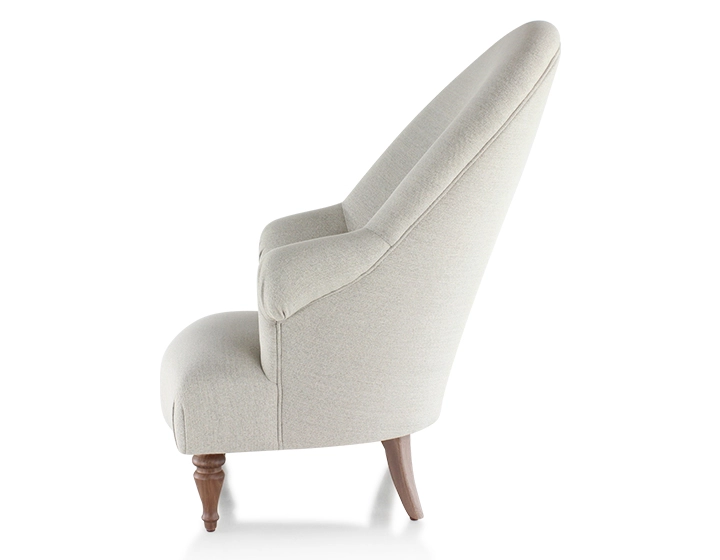 Fauteuil crapaud avec accoudoirs pieds bois teinte noyer et tissu beige naturel haut dossier Fauteuil crapaud avec accoudoirs pieds bois teinte noyer et tissu beige naturel haut dossier