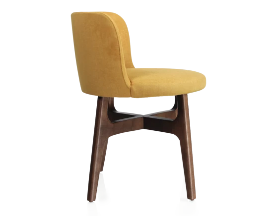 Chaise design bois teinte marron foncé assise tissu jaune
