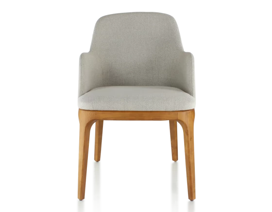 Chaise design avec accoudoirs bois teinte merisier et tissu beige naturel
