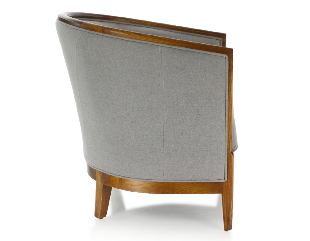 Fauteuil ancien accoudoirs moulurés bois teinte ancienne et tissu gris clair