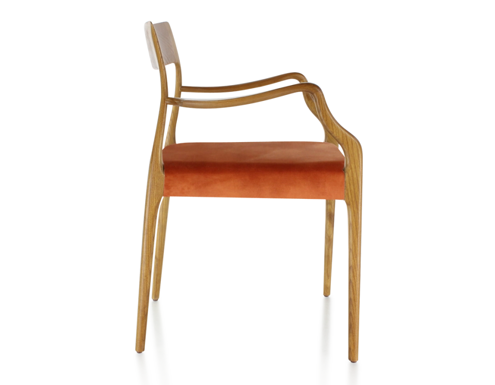Scandinavian armchair with armrests cherry-stained wood, terracotta velvet seat Scandinavian armchair with armrests cherry-stained wood, terracotta velvet seat