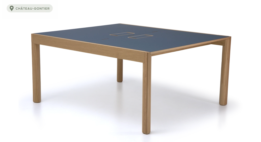 Double workstation desk oak natural finish fenix dark blue tray 140x160