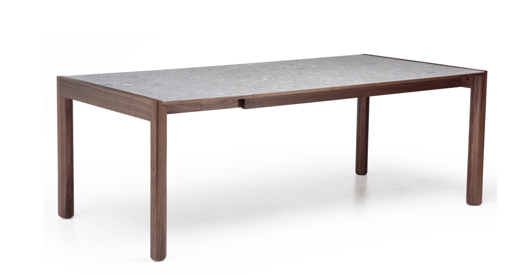 Table extensible 8 à 12 personnes en noyer et céramique allonges céramique bois teinte naturelle et céramique effet terrazzo gris 160x100 cm Table extensible 8 à 12 personnes en noyer et céramique allonges céramique bois teinte naturelle et céramique effet terrazzo gris 160x100 cm