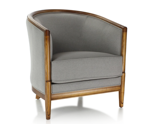 Fauteuil ancien accoudoirs moulurés bois teinte ancienne et tissu gris clair