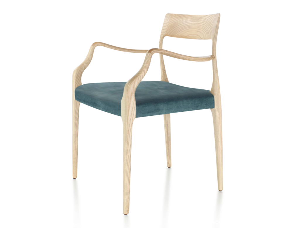 Scandinavian armchair with armrests natural stained wood, petrol blue velvet seat Scandinavian armchair with armrests natural stained wood, petrol blue velvet seat