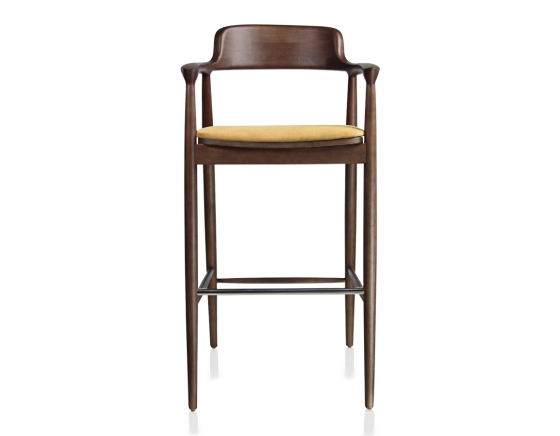 Tabouret de bar h80 cm bois teinte marron foncé assise tissu jaune