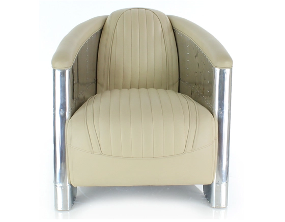 Fauteuil aviateur aluminium riveté et cuir beige
