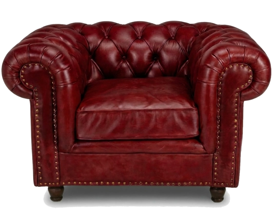 Sillón Chesterfield de piel rojo carmín reposabrazos con tachuelas