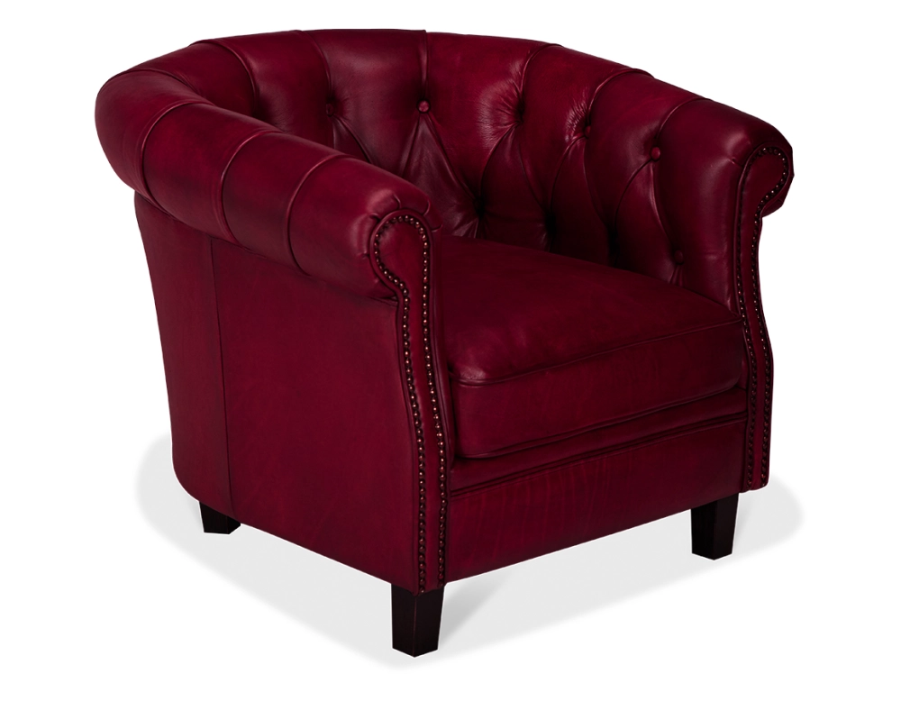 Fauteuil Chesterfield cuir rouge carmin accoudoirs cloutés Fauteuil Chesterfield cuir rouge carmin accoudoirs cloutés