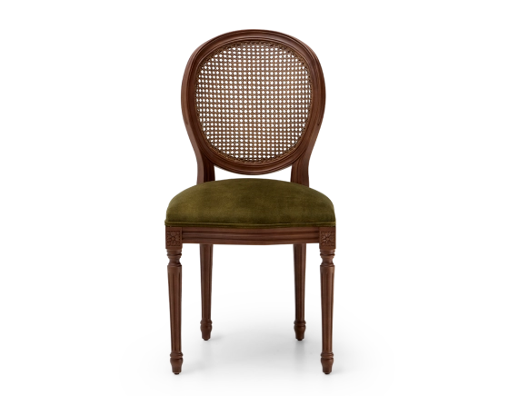 Chaise ancienne style Louis XVI bois teinte marron foncée dossier canné assise tissu velours vert olive