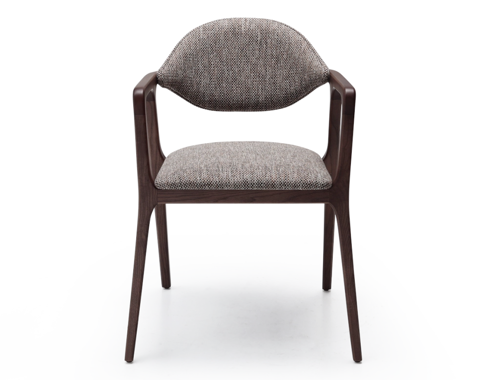 Chaise design avec accoudoirs bois teinte foncée et tissu chiné marron Chaise design avec accoudoirs bois teinte foncée et tissu chiné marron