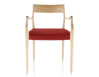 Scandinavian armchair with armrests natural wood stain burgundy fabric seat Scandinavian armchair with armrests natural wood stain burgundy fabric seat