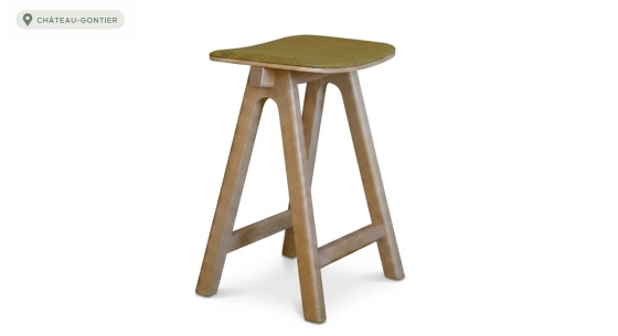 Tabouret de bar en chêne tapissé H60 cm bois teinte naturelle assise tissu chiné jaune