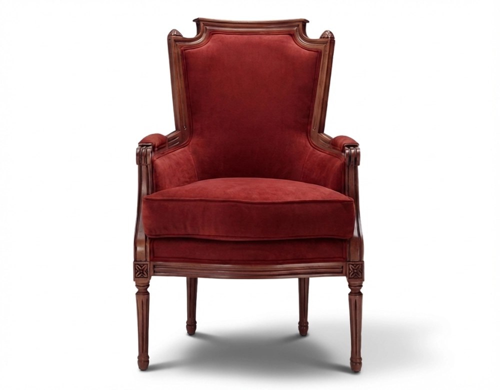 Fauteuil bergère style Louis XVI bois teinte ancienne et tissu bordeaux