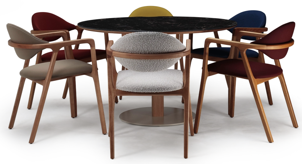 Round walnut and ceramic dining table for 4 to 6 people with a natural wood finish and a black m2 marble-effect ceramic top. 110x110 Round walnut and ceramic dining table for 4 to 6 people with a natural wood finish and a black m2 marble-effect ceramic top. 110x110