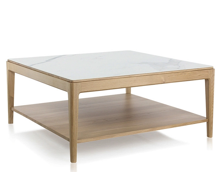 Square coffee table in oak and ceramic with shelf in natural stained wood, white marble effect ceramic top 100x100 cm Square coffee table in oak and ceramic with shelf in natural stained wood, white marble effect ceramic top 100x100 cm