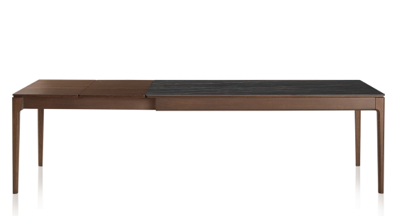 Extendable table for 8 to 14 people in oak and ceramic with wooden extensions with dark brown stained wood and black marble effect ceramic top 210x100 cm