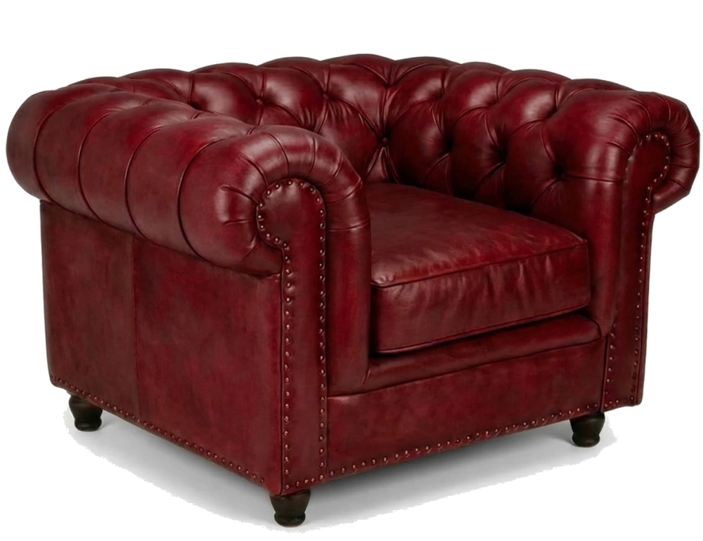 Fauteuil Chesterfield cuir rouge carmin accoudoirs cloutés