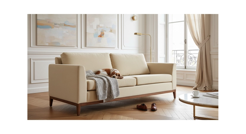 Canapé d'angle 5/6 places avec angle gauche plus long tissu crème (2,5G - A - 2D) Canapé d'angle 5/6 places avec angle gauche plus long tissu crème (2,5G - A - 2D)