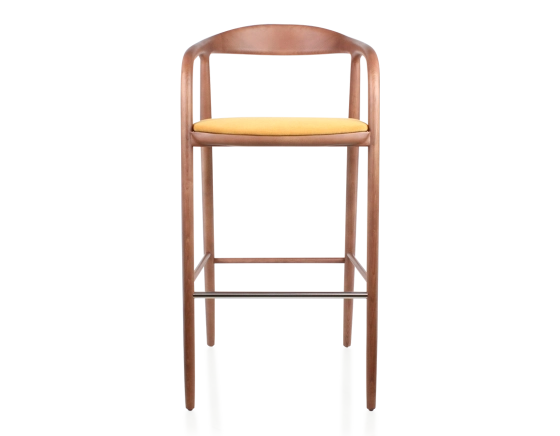 Tabouret de bar h80 cm teinte noyer assise tissu jaune bois teinte noyer et tissu jaune