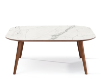 Table basse carré aux angles arrondis F2 en noyer et céramique bois teinte naturelle plateau céramique effet marbre blanc 100x100x40 cm