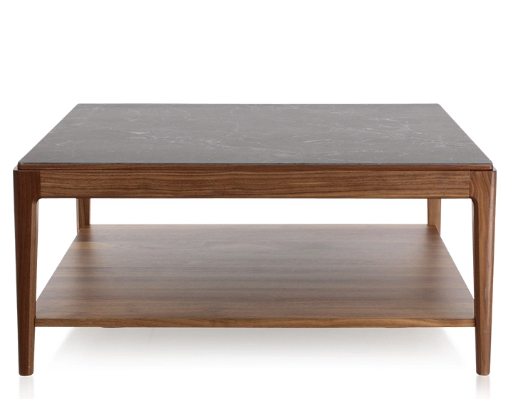 Table basse carrée en noyer et céramique avec tablette en bois teinte naturelle plateau céramique effet ardoise 100x100 cm Table basse carrée en noyer et céramique avec tablette en bois teinte naturelle plateau céramique effet ardoise 100x100 cm