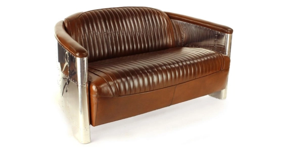 Canapé aviateur aluminium riveté et cuir 2 places marron vintage