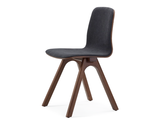 Upholstered oak designer chair dark brown stained wood, charcoal grey fabric seat