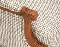 Louis XVI style bergère armchair wood antique stain and white and taupe houndstooth fabric Louis XVI style bergère armchair wood antique stain and white and taupe houndstooth fabric