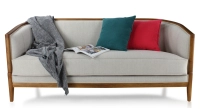 Canapé ancien 3 places bois teinte merisier et tissu beige naturel Canapé ancien 3 places bois teinte merisier et tissu beige naturel