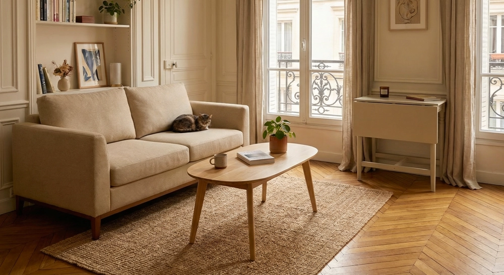 Canapé design 2 places tissu chiné beige