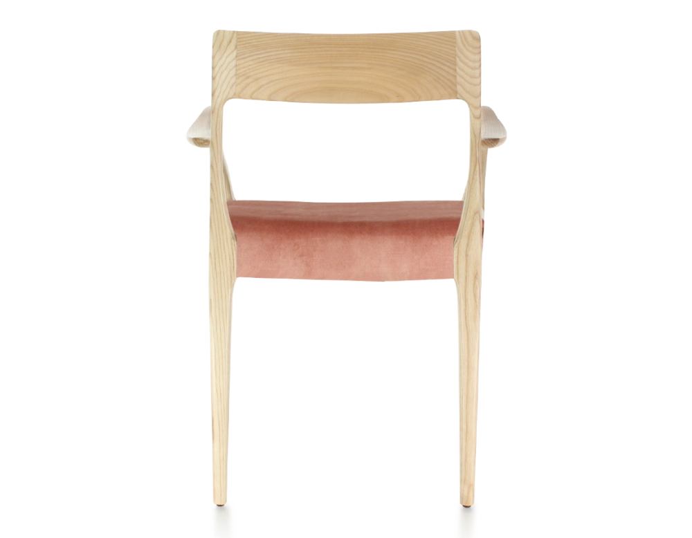 Scandinavian armchair with armrests natural wood stain, seat pale pink velvet fabric Scandinavian armchair with armrests natural wood stain, seat pale pink velvet fabric