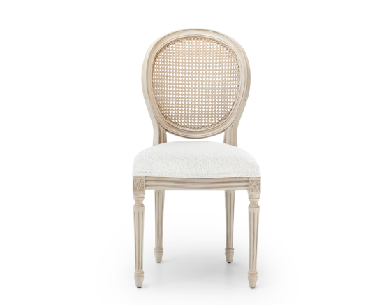 Chaise ancienne style Louis XVI bois teinte blanche cérusée dossier canné assise tissu bouclé blanc