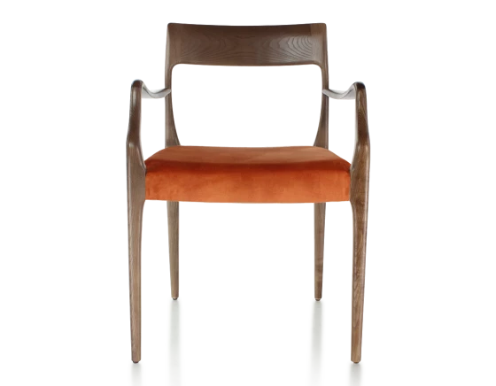 Chaise scandivave avec accoudoirs bois teinte marron foncé assise tissu velours terracotta