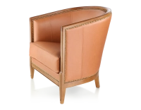 Fauteuil ancien accoudoirs moulurés bois teinte ancienne et cuir caramel Fauteuil ancien accoudoirs moulurés bois teinte ancienne et cuir caramel