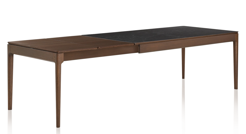 Table extensible 8 à 12 personnes en chêne et céramique allonges bois avec bois teinte marron foncé et plateau céramique effet ardoise 160x100 cm Table extensible 8 à 12 personnes en chêne et céramique allonges bois avec bois teinte marron foncé et plateau céramique effet ardoise 160x100 cm