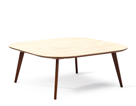 Table basse carré aux angles arrondis F2 en chêne et céramique bois teinte marron foncé plateau céramique effet pierre travertin 90x90x40 cm