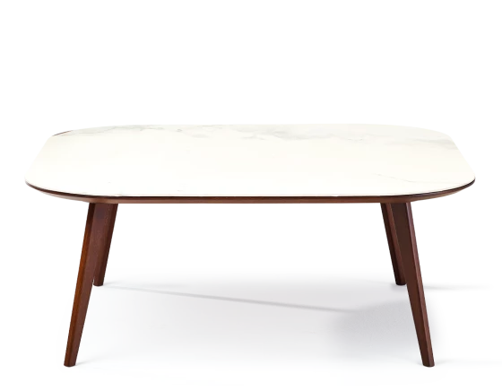 Table basse carré aux angles arrondis F2 plateau céramique bois teinte marron foncé plateau céramique effet marbre blanc M1 90x90x30 cm