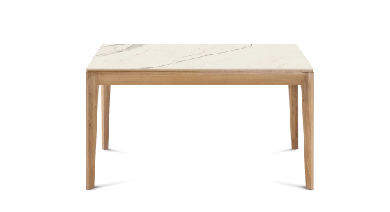 Table extensible 6 à 10 personnes en chêne et céramique allonges bois avec bois teinte naturelle et plateau céramique effet marbre blanc 140x90 cm