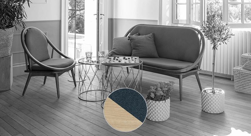 2 seater Scandinavian sofa natural stained wood and ocean blue fabric 2 seater Scandinavian sofa natural stained wood and ocean blue fabric