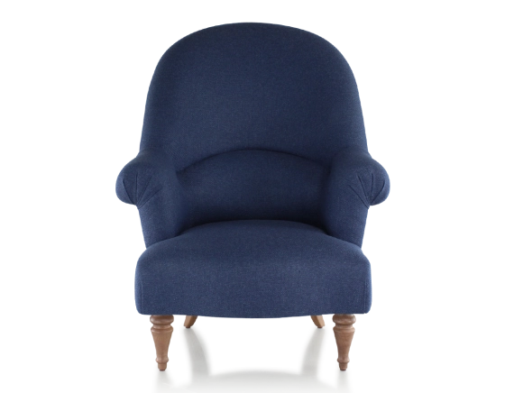 Fauteuil crapaud avec accoudoirs pieds bois teinte noyer et tissu bleu marine haut dossier