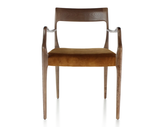 Chaise scandinave avec accoudoirs bois teinte marron foncé assise tissu velours bronze