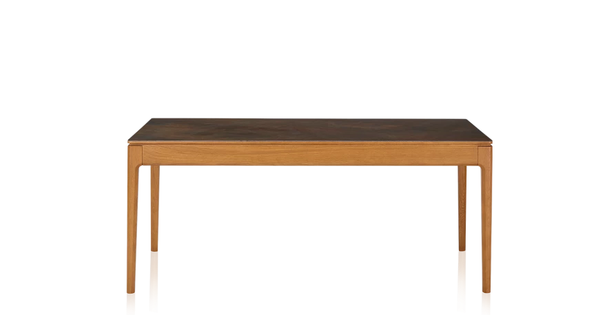 Table extensible en chêne et céramique allonges céramique avec bois teinte merisier et plateau et allonges céramique brun oxydé 140x100 cm